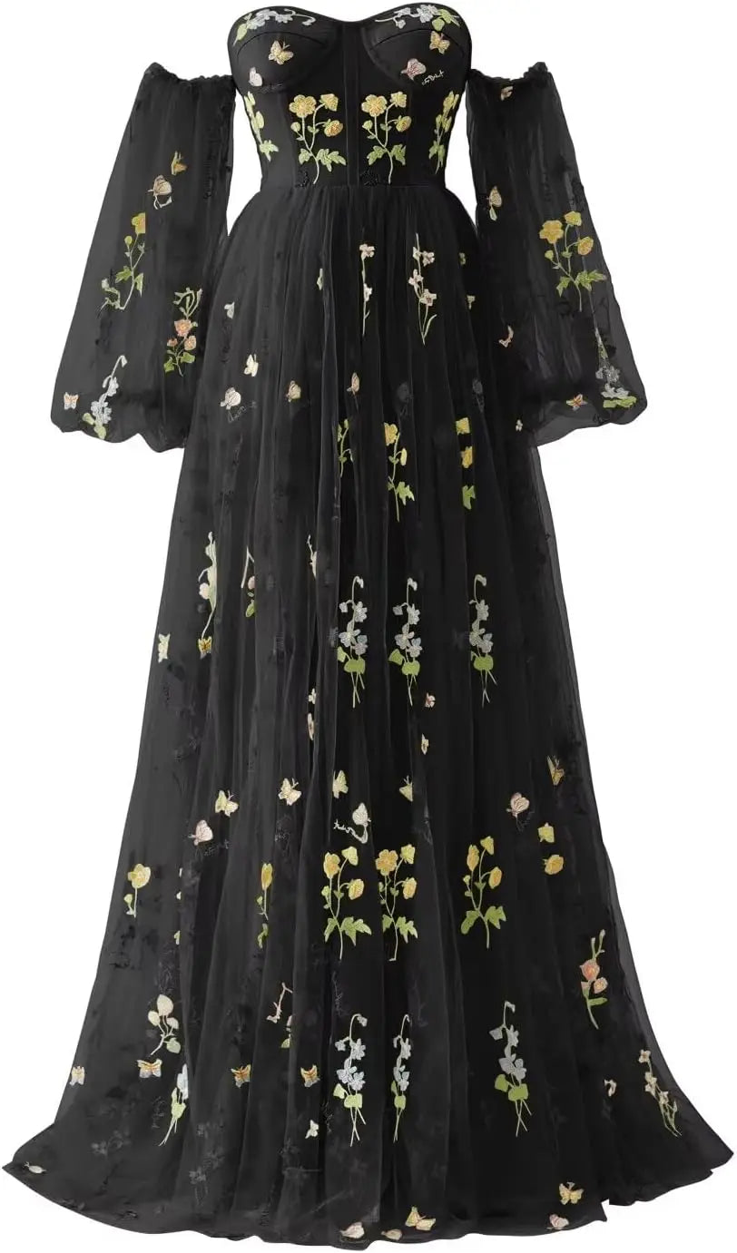 Puffy Sleeve Flower Embroidery Tulle Prom Dresses for Women Long A Line Fairy Maxi Formal Evening Party Gown Bridesmaid Dresses