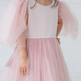 Vestido de princesa de tul rosa con lazo y manga corta para bodas, fiestas de cumpleaños, banquetes, vestidos de princesa, vestidos de niña de las flores 