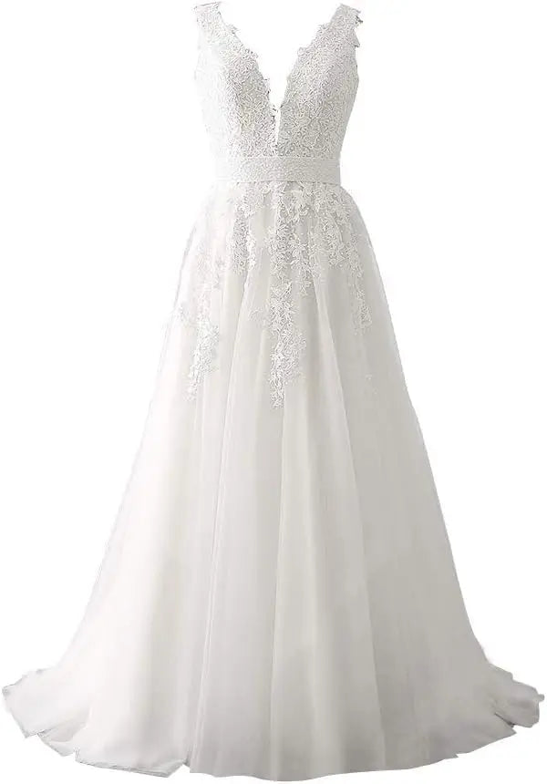 Women's Tulle Floor Length A Line Wedding Dress for Bride Lace Applique Evening Dress V Neck Straps Ball Gowns