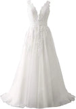 Women's Tulle Floor Length A Line Wedding Dress for Bride Lace Applique Evening Dress V Neck Straps Ball Gowns