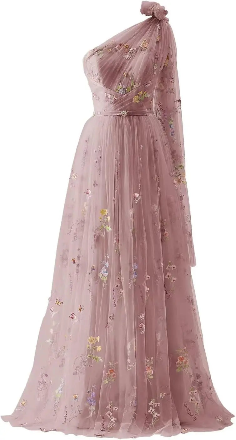 Vestidos de fiesta de tul para mujer con bordado de flores, corte A, largo hasta el suelo, vestidos formales de noche para fiesta 