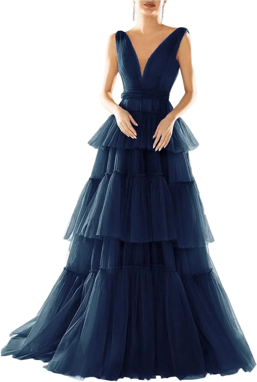 Vestidos de fiesta largos con escote en V doble para mujer, 2025, de tul escalonado, corte A, plisados, formales, para fiesta de noche. 
