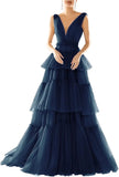 Vestidos de fiesta largos con escote en V doble para mujer, 2025, de tul escalonado, corte A, plisados, formales, para fiesta de noche. 