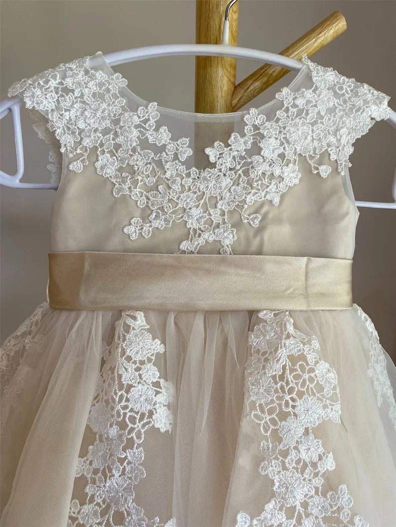 Vestidos de niña de flores de tul con encaje para bodas, vestido de niña de cumpleaños con ilusión y apliques de encaje, vestido de princesa con tutú para niñas de concurso 