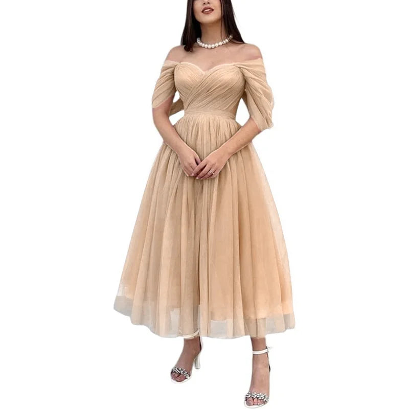 Tulle Sweetheart A-line Evening Dresses Off the Shoulder Tea-Length Formal Dress With Pleats & Bow Elegant Lace Up Prom Gowns