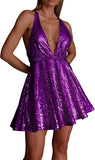 Vestido de lentejuelas para mujer, con tirantes finos, sexy, escote en V profundo, sin espalda, con purpurina, para fiesta, club, estilo patinador, minivestido de cóctel 