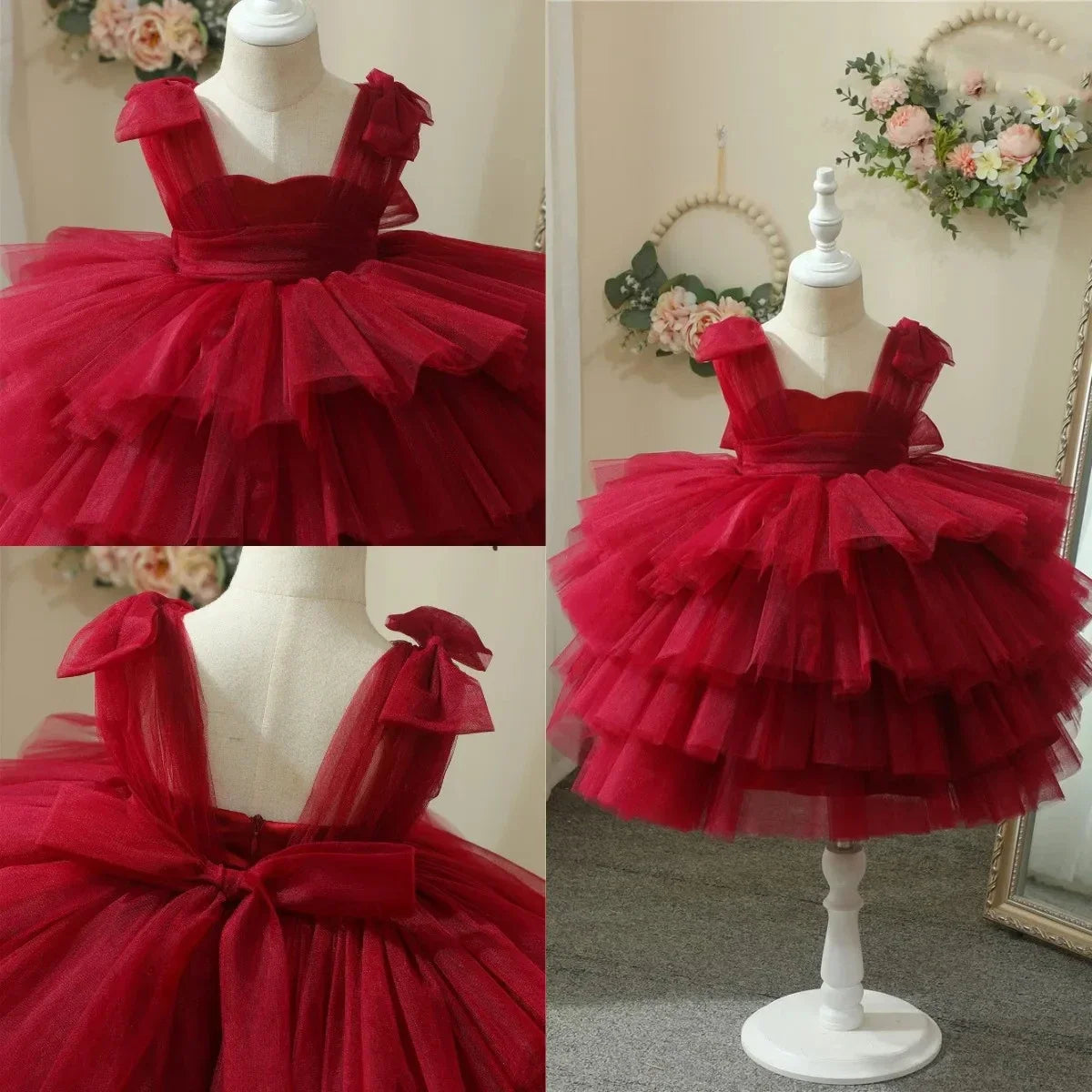Festzugskleider für Mädchen Erstkommunionkleid Maßgeschneidertes Burgunder Blumenmädchenkleid für Hochzeit mit Schleife 