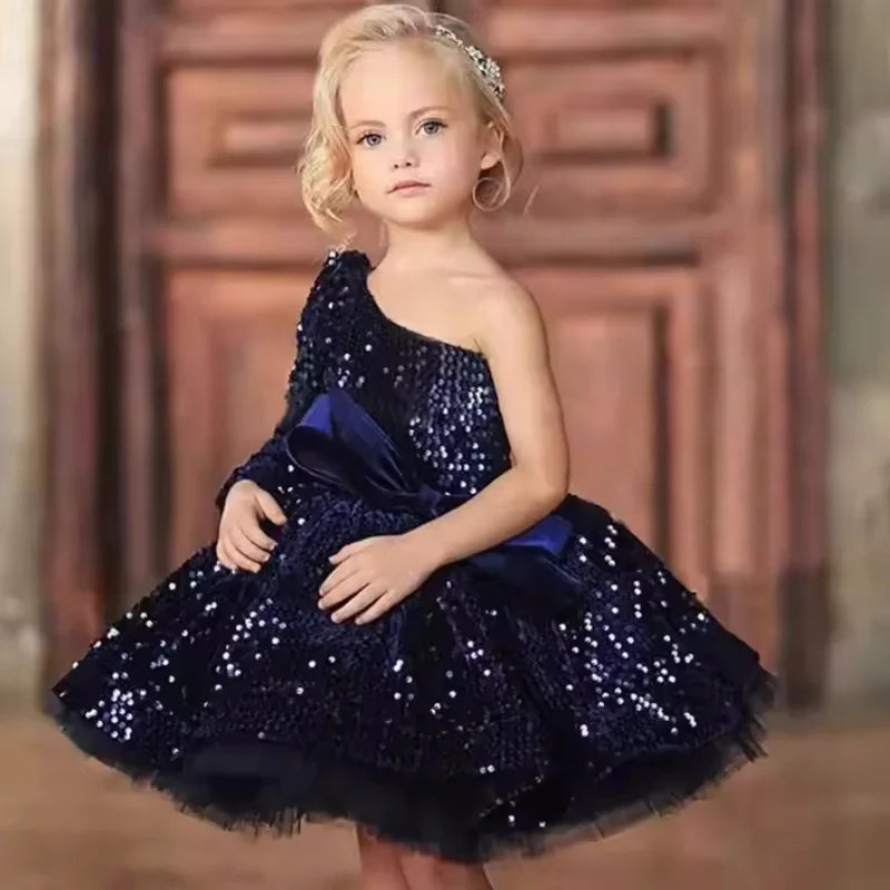 Navy Blue Tulle Sequin With Bow Single Shoulder For Wedding Birthday Party Holy Communion Gown Customized Flower Girl Dresses