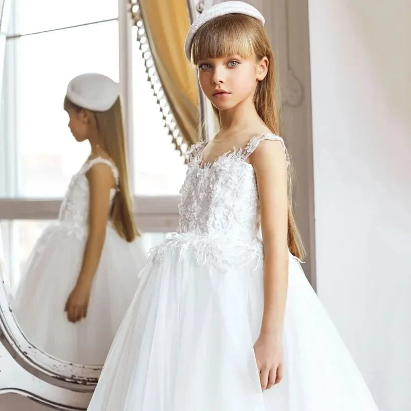 Elfenbeinweißes Blumenmädchenkleid Festzugskleid für Hochzeit Spitzenapplikationen Kindergeburtstagsfeier Erstkommunionkleider Individuell gestaltet 