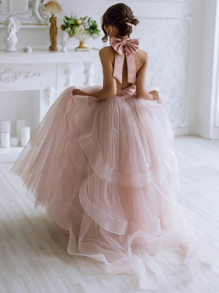 Vestidos de tul rosa con capas, lazo y cola, sin mangas, para bodas, cumpleaños, primera comunión, niñas de las flores 