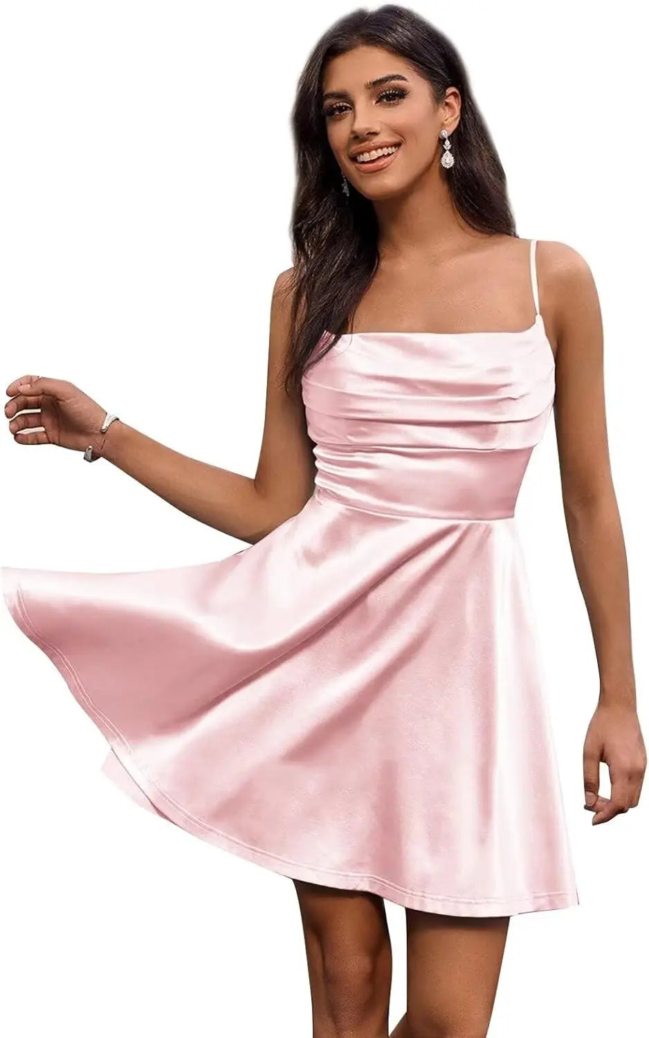 Satin Homecoming Kleider Kurze Spaghettiträger Ballkleid Wasserfallausschnitt A-Linie Cocktail Party Kleider Minikleid 