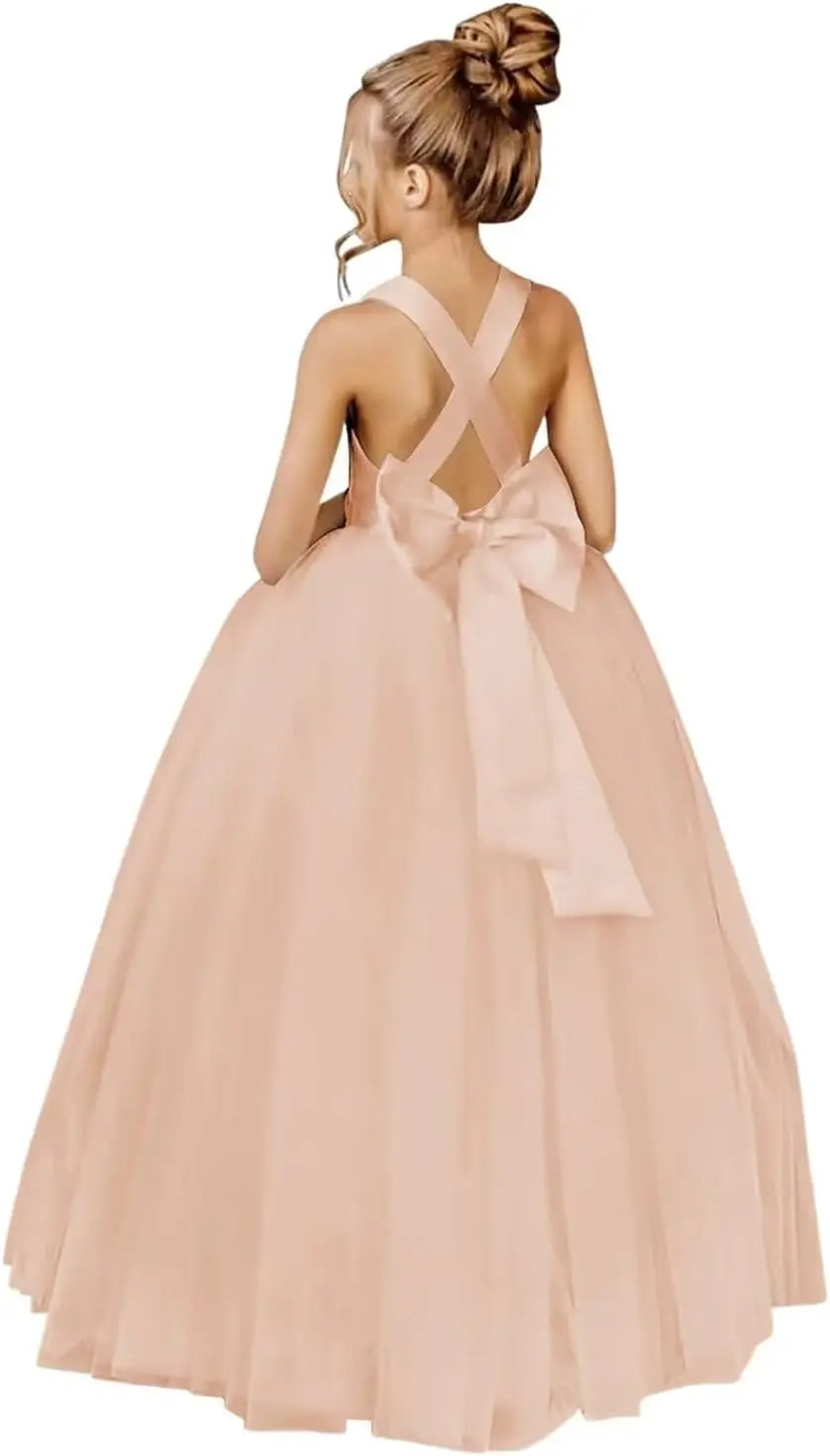 Crossed Straps Flower Girl Dress Satin Long Prom Dress with Bow Puffy Tulle Pageant Dresses for Girls princess dress