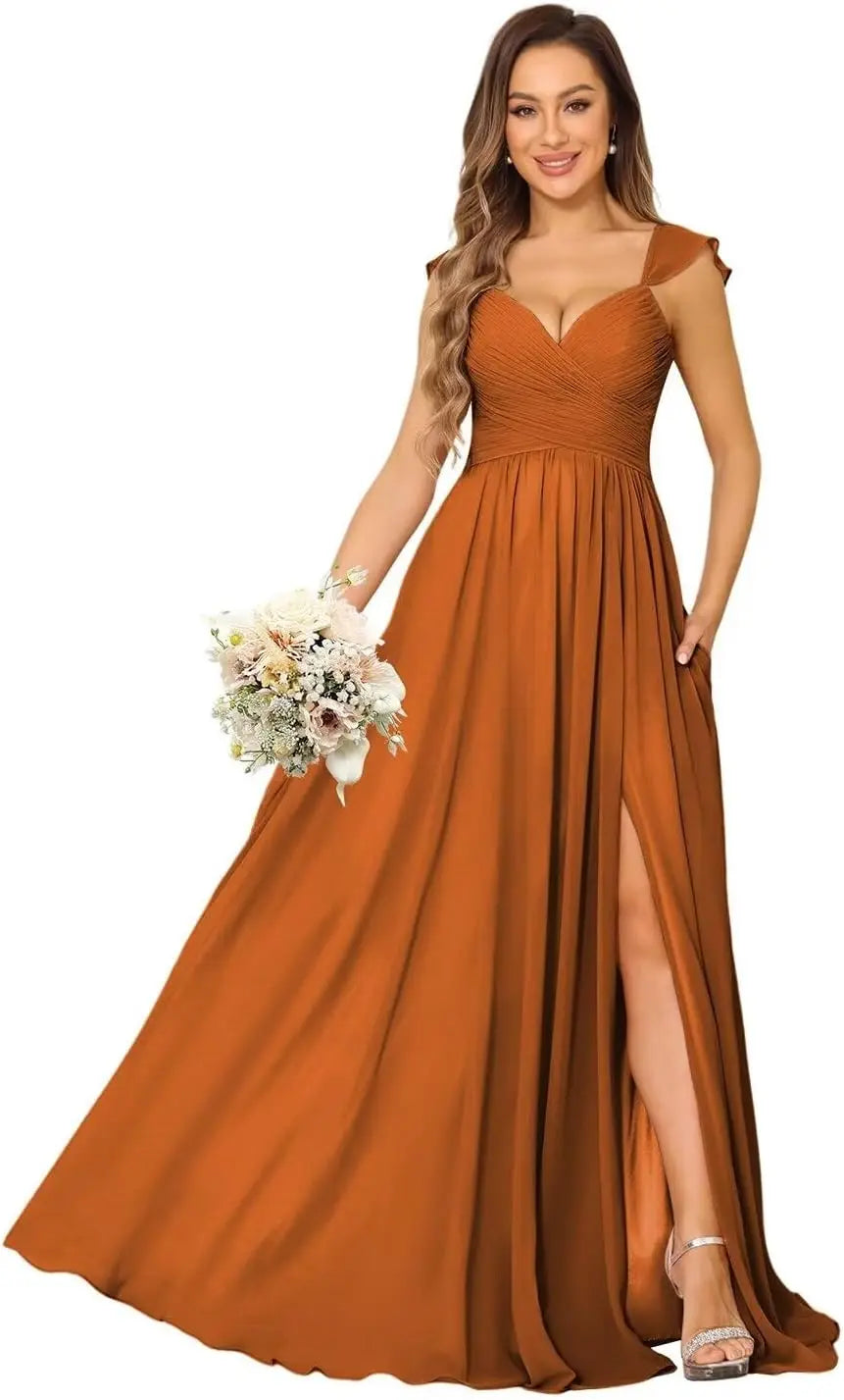 Women's Cap Sleeves Chiffon Bridesmaid Dresses Long with Pockets Ruffle Formal Evening Dresses with Slit Wedding Party Gowns