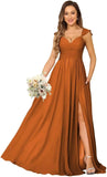 Women's Cap Sleeves Chiffon Bridesmaid Dresses Long with Pockets Ruffle Formal Evening Dresses with Slit Wedding Party Gowns