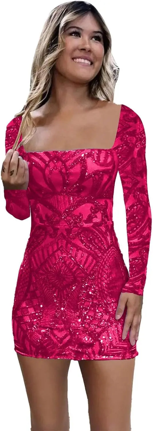 Vestidos de fiesta de manga larga con lentejuelas y encaje para mujer, cortos, ajustados, brillantes, con escote cuadrado, para cóctel o fiesta. 