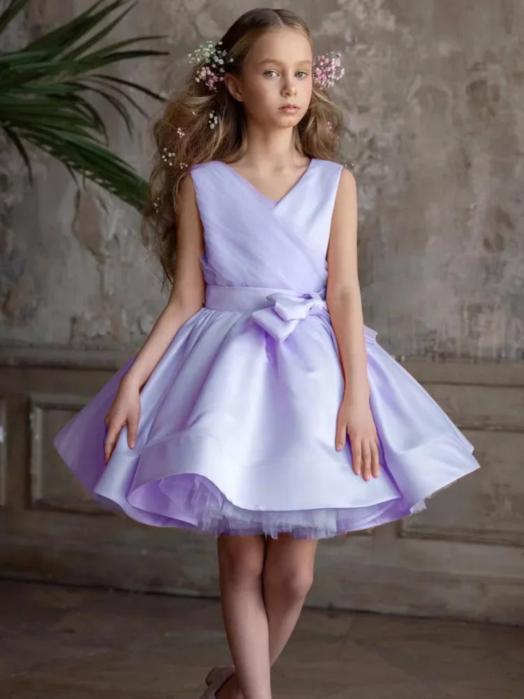 Pink Tulle Satin With Bow Sleeveless For Wedding Birthday Party Banquet First Communion Gowns Flower Girl Dresses