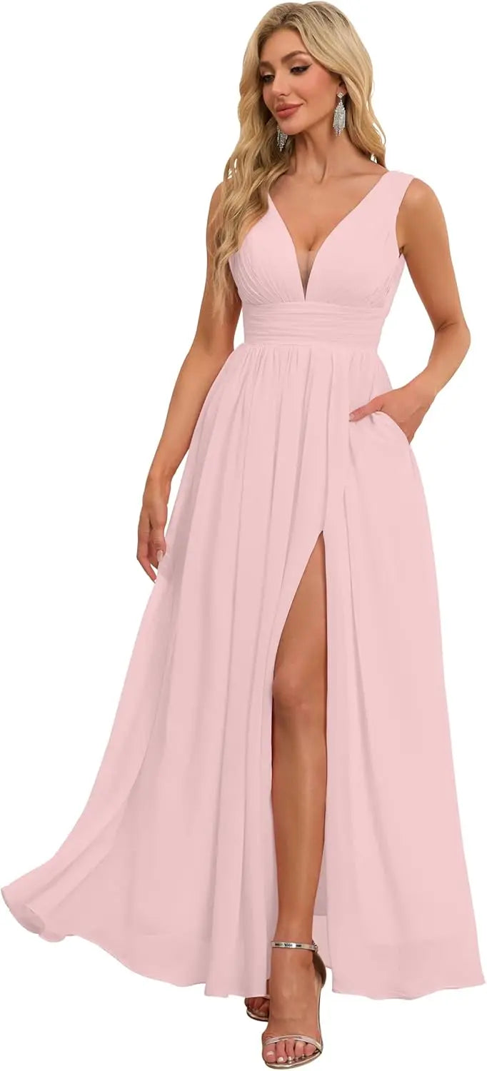 Vestidos de dama de honor con abertura y escote en V, vestidos de fiesta, línea A, plisados, para invitada de boda con bolsillos 