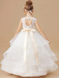 Birthday Holy Communion Gowns Flower Girl Dresses White Tiered Flory Appliques With Champagne Bow Belt Sleeveless For Wedding
