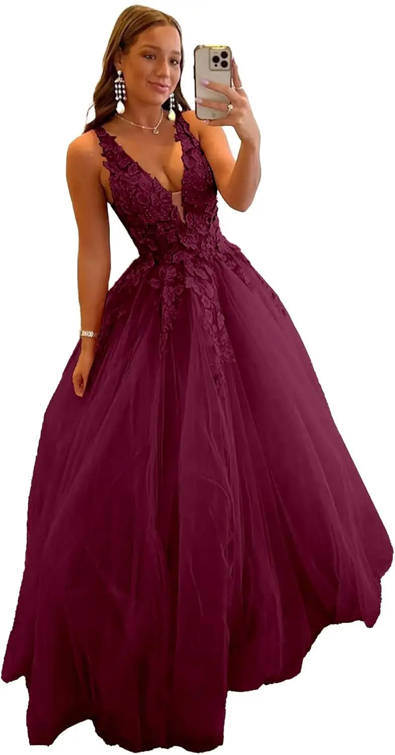 Tulle Prom Dresses for Women V Neck Applique Ball Gowns for Teens Women's Long Formal Evening Gowns with 3D Flower