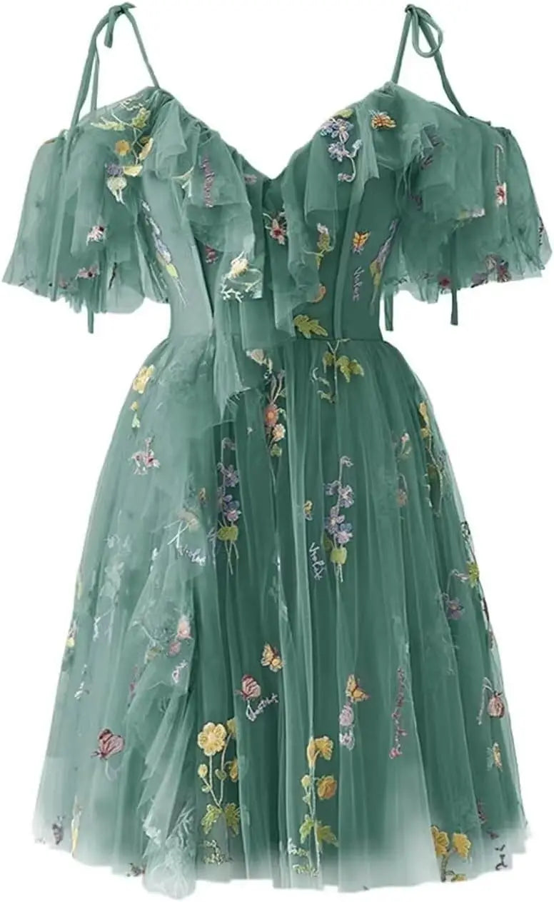 Flower Embroidery Tulle Short Homecoming Dresses for Teens 2026 Mini Spaghetti Straps Formal Prom Party Gown Junior Bridesmaid