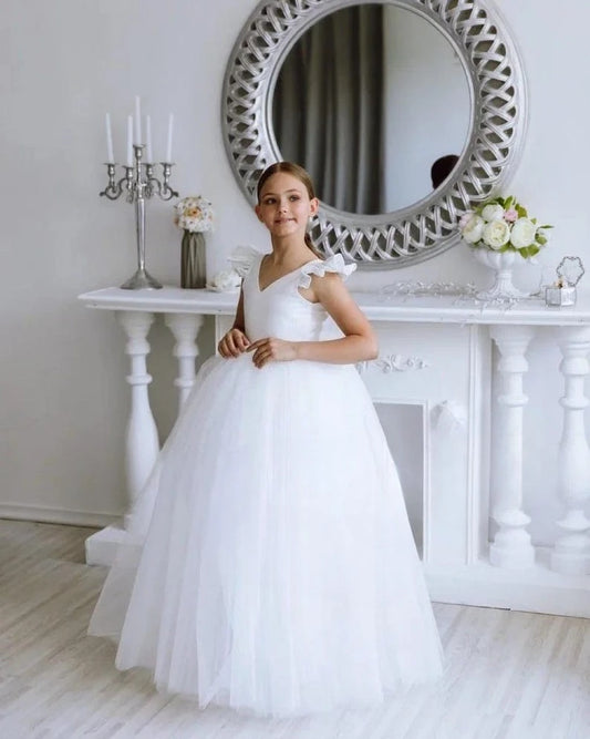 Tutu Tulle flower girl dress Satin baby Toddler dress with train Junior bridesmaid wedding dress pageant dresses for girls