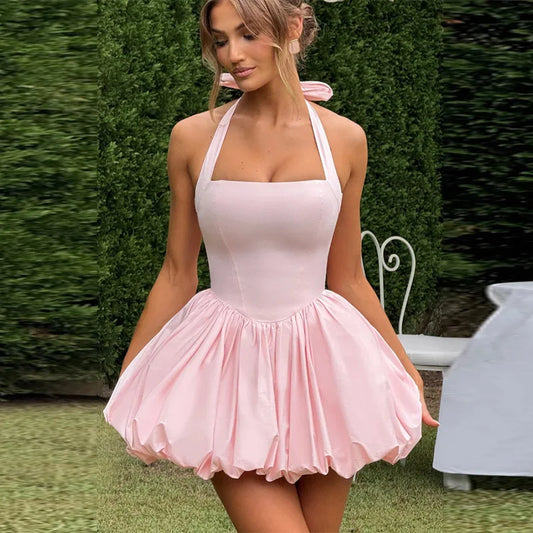 Sexy Halter Pleated Bud Mini Dress Women Sleeveless Tube Top Backless Bandage Solid Party Dresses 2026 Summer Fall Evening Robe
