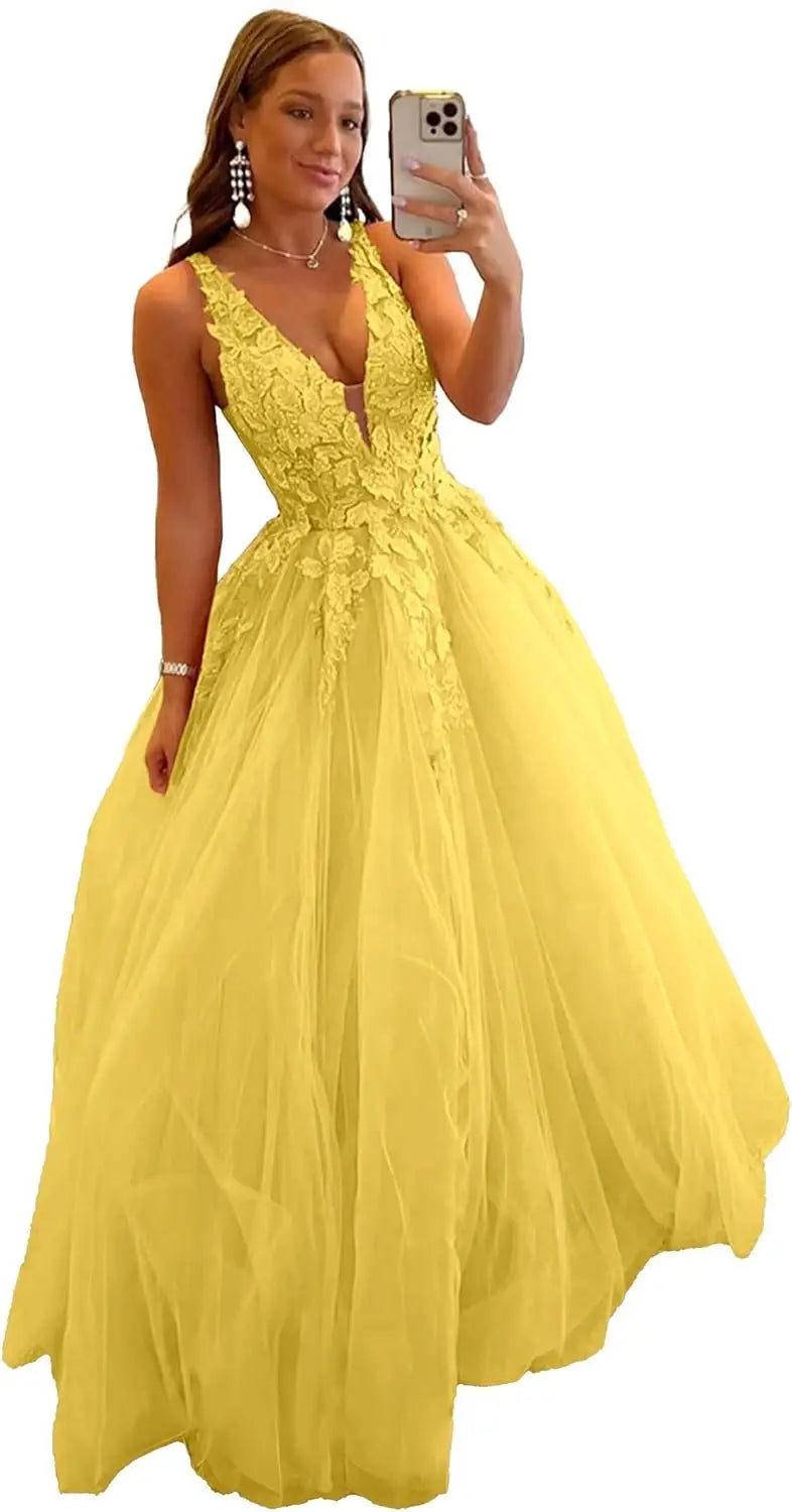 Tulle Prom Dresses for Women V Neck Applique Ball Gowns for Teens Women's Long Formal Evening Gowns with 3D Flower