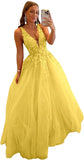 Tulle Prom Dresses for Women V Neck Applique Ball Gowns for Teens Women's Long Formal Evening Gowns with 3D Flower