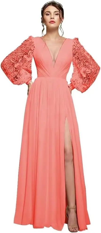 Langärmliges Brautjungfernkleid, Chiffon, Ballkleid, langes Hochzeitskleid mit Spitzenapplikation, V-Ausschnitt, formelle Kleider mit Schlitz 