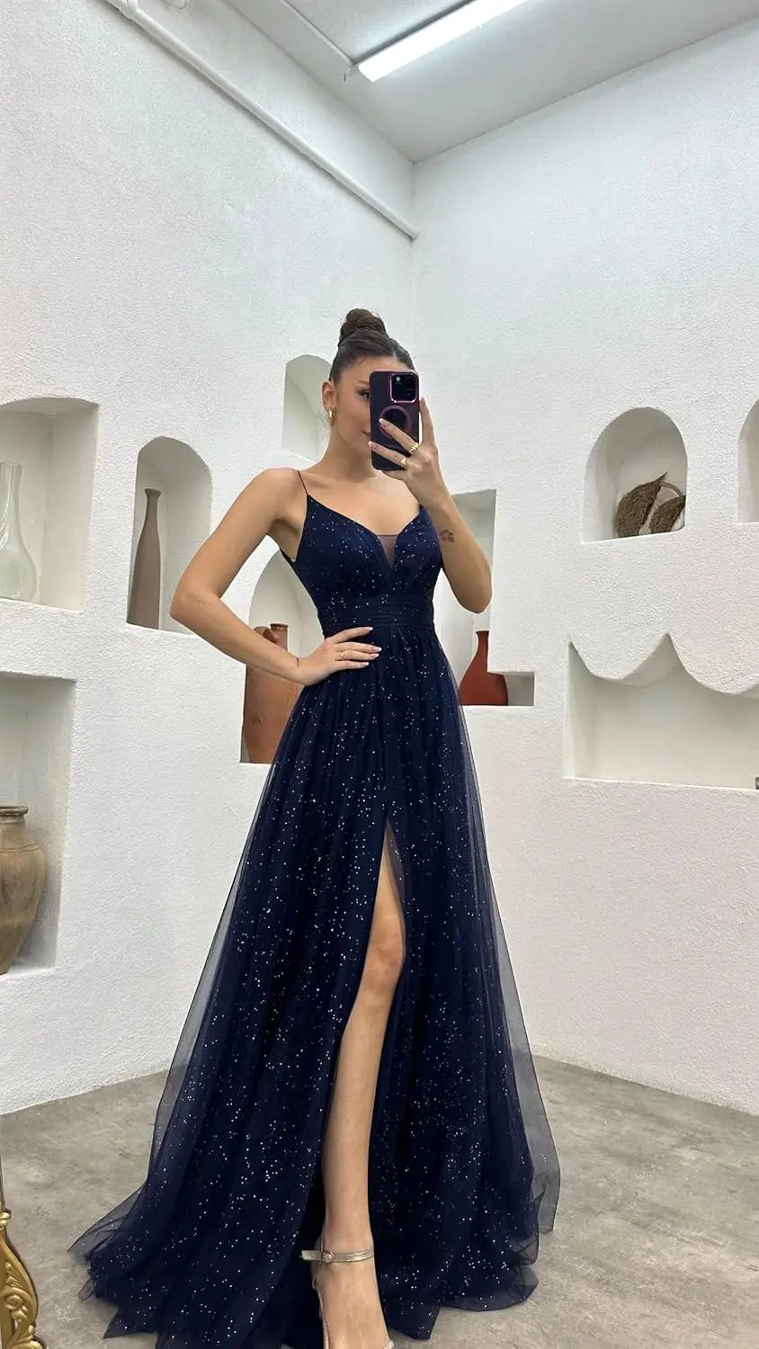 2025 Sparkly Tulle Formal Prom Dress Pleated A-Line Ball Gown with Spaghetti Straps Slit for Women Evening Dresses