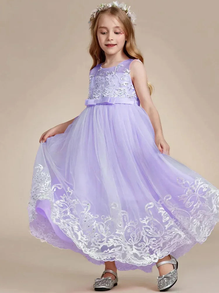 Pink Sequin White Appliques With Bow Sleeveless For Wedding Birthday Party Holy Communion Gowns Flower Girl Dresses