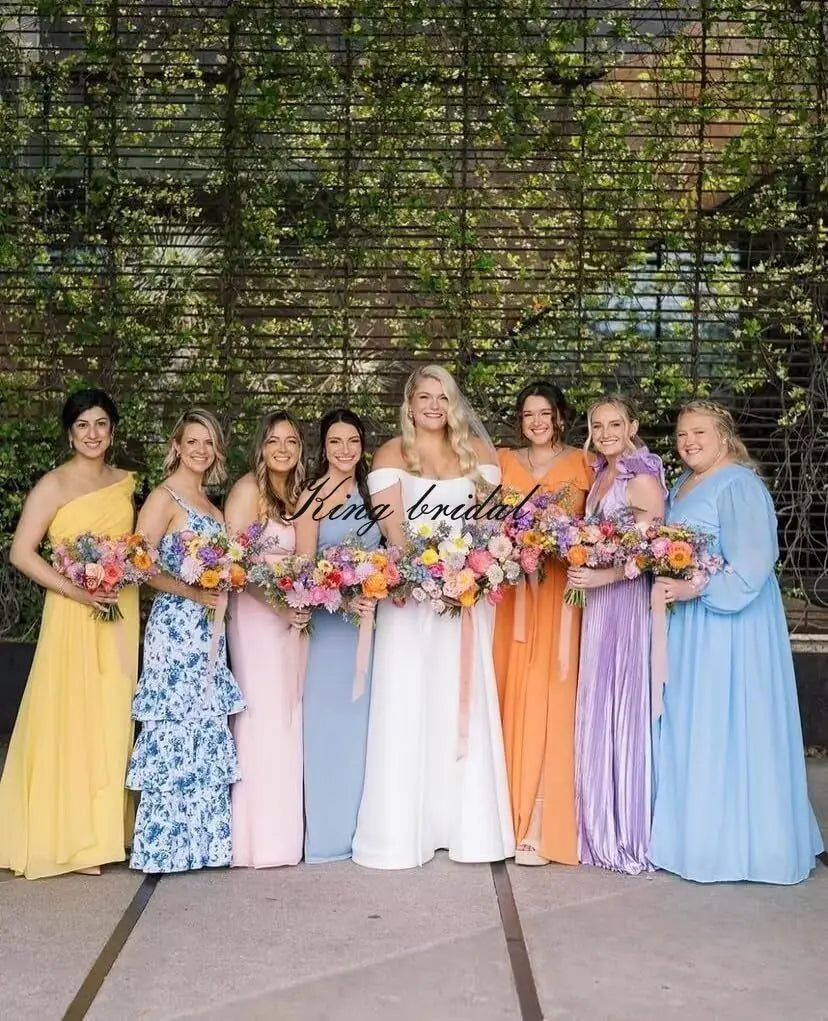 Custom Made Simple Women's Long V Neck Bridesmaid Dresses with Slit Ruffle Chiffon Formal Evening Gowns Wedding Party Dress