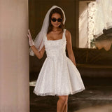 Shiny Two Straps Scoop Neckline Bridal Grown Short/Mini Wedding Dresses Custom Made 2026 Vestido De Noival