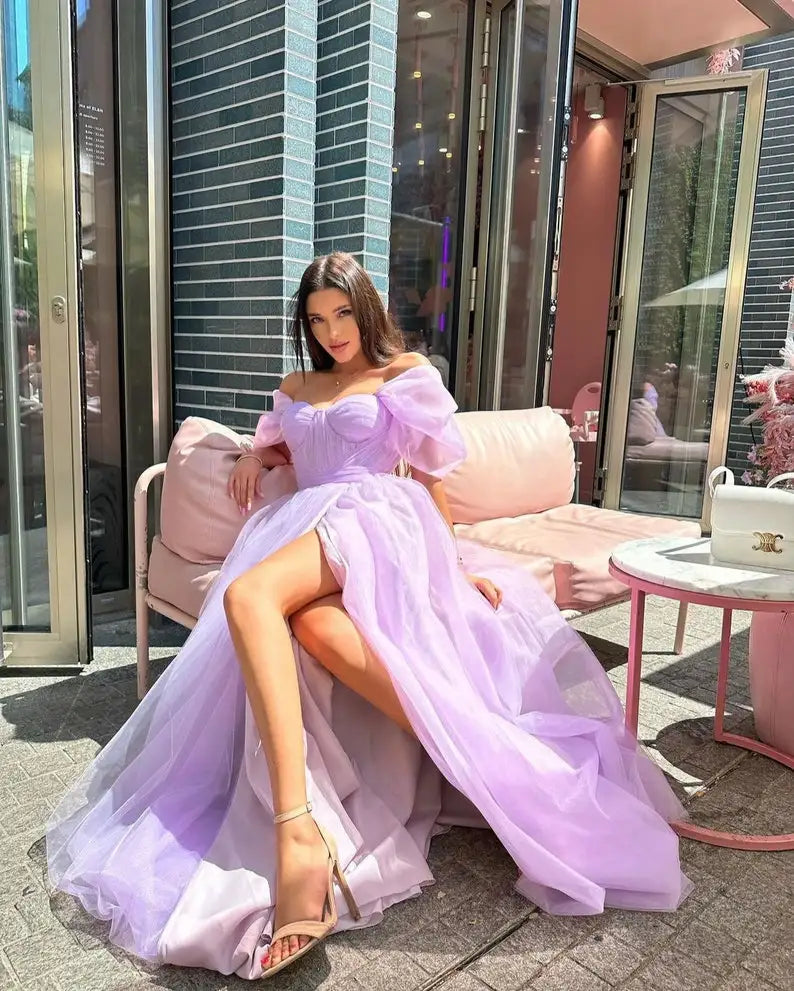 Lavender Off Shoulder prom gown Thigh Slit prom Dress tulle evening Dresses Bridesmaid Dress or Graduation ball Bridesmaid Gowns
