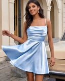 Satin Homecoming Kleider Kurze Spaghettiträger Ballkleid Wasserfallausschnitt A-Linie Cocktail Party Kleider Minikleid 