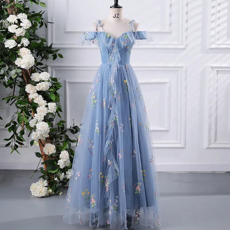 New Spaghetti Strap Evening Dresses Sweet Embroidery Flower Tulle Party Dress Elegant Long A-line Prom Dresses Customized
