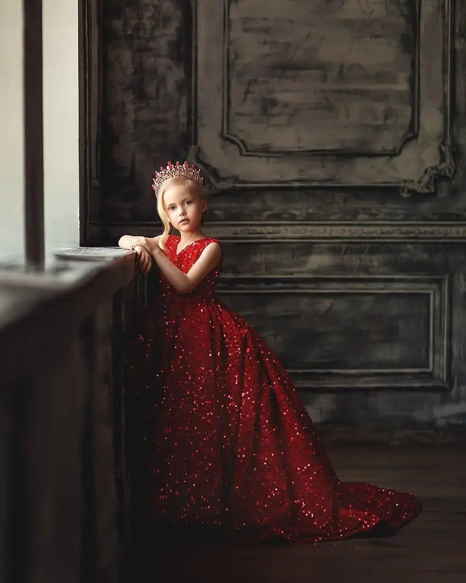Vestidos de desfile con lentejuelas y cuello en V para niñas, vestidos de baile brillantes para niñas de las flores, vestidos de princesa para niñas pequeñas, vestido de comunión 