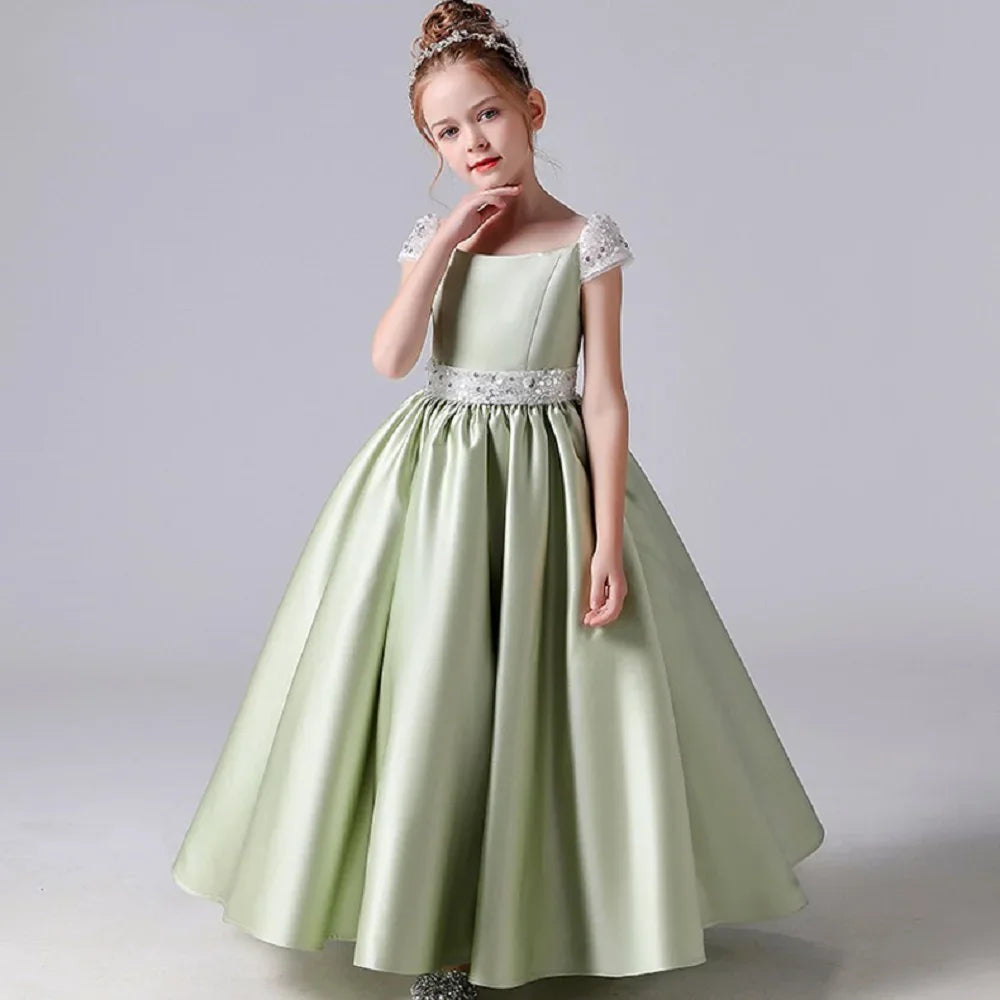 Elegante vestido de satén para niña, para fiesta de cumpleaños, con lentejuelas, estilo princesa, formal, de primera comunión, color verde, para niña de las flores, para boda. 