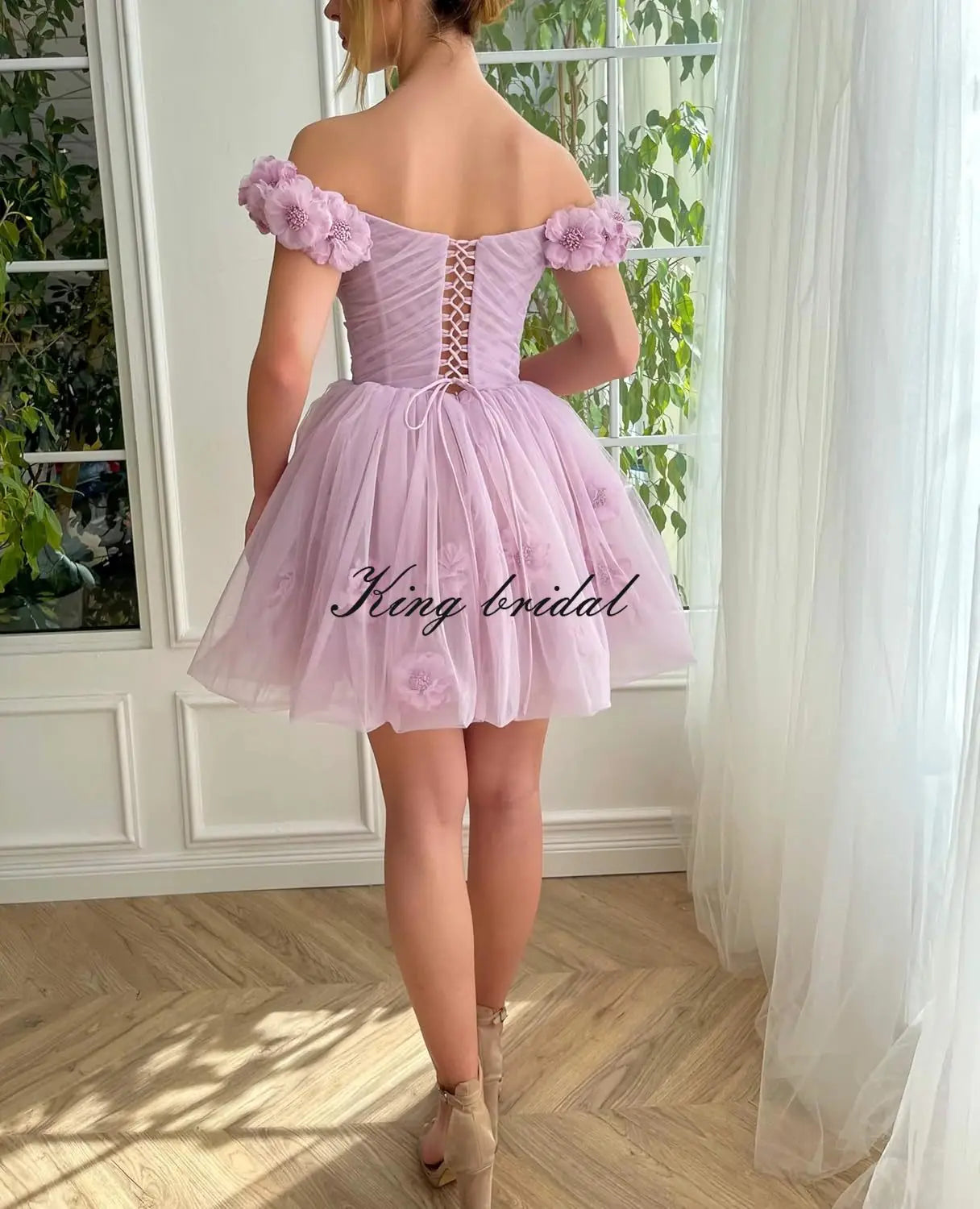 3D Flowers Tulle Girls Homecoming Dresses Short Off The Shoulder Fairy Prom Dress Cocktail Wedding Party Gowns Bridesmaid Gown