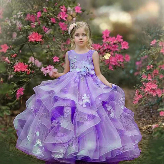 3D Floral Appliques Floor Length Girl Kids Birthday Party First Holy Communion Gown Ruffles Flower Girl Dresses for Wedding