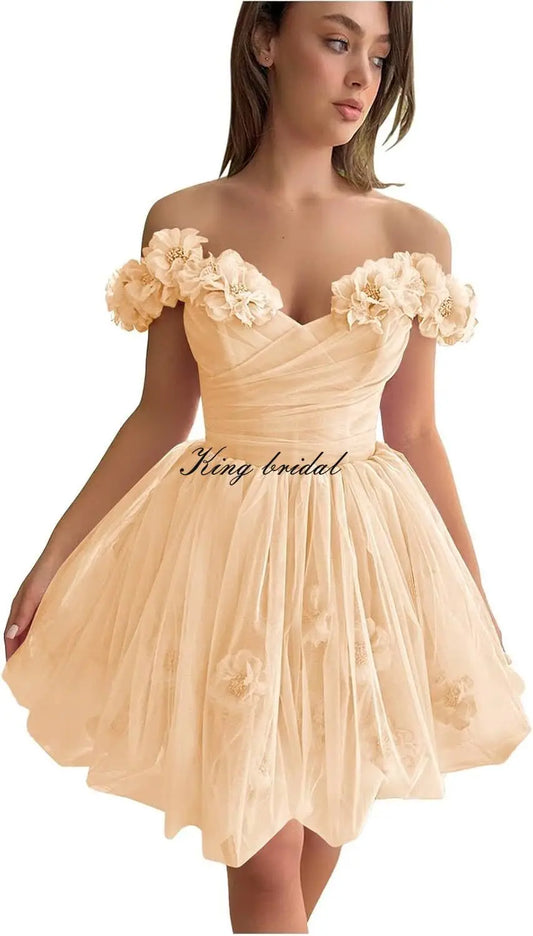 3D Blumen Tüll Mädchen Homecoming Kleider Kurz Off The Shoulder Fee Ballkleid Cocktail Hochzeit Party Kleider Brautjungfer Kleid 