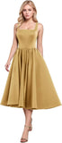 A-Line Pleated Tea-Length Satin Homecoming Dress,Spaghetti Straps Ruffled Formal Prom Dress Party Gown for Women