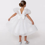 Blauer Tüll mit Schleife, kurze Ärmel, für Hochzeit, Geburtstag, Party, Bankett, Kommunion, Kleider für Blumenmädchen 