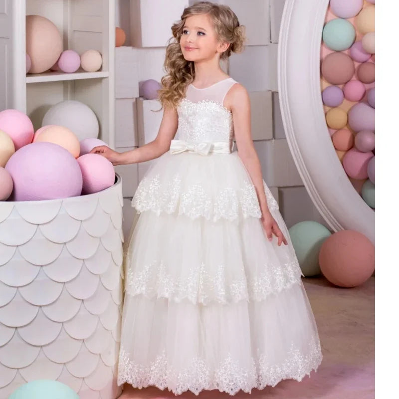 Vestidos de tul color marfil con encaje bordado y lazo, sin mangas, para bodas, cumpleaños, banquetes, comuniones y niñas de las flores. 