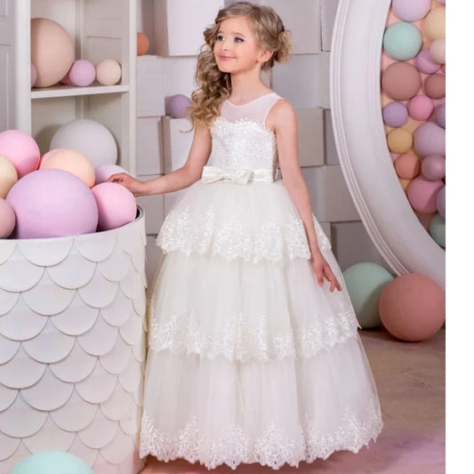 Vestidos de tul color marfil con encaje bordado y lazo, sin mangas, para bodas, cumpleaños, banquetes, comuniones y niñas de las flores. 