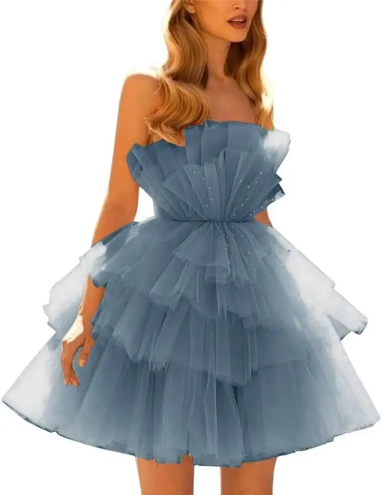 Vestidos de fiesta de tul con hombros descubiertos, abullonados, cortos, sin tirantes, de malla, con volantes, formales, para cóctel o gala 