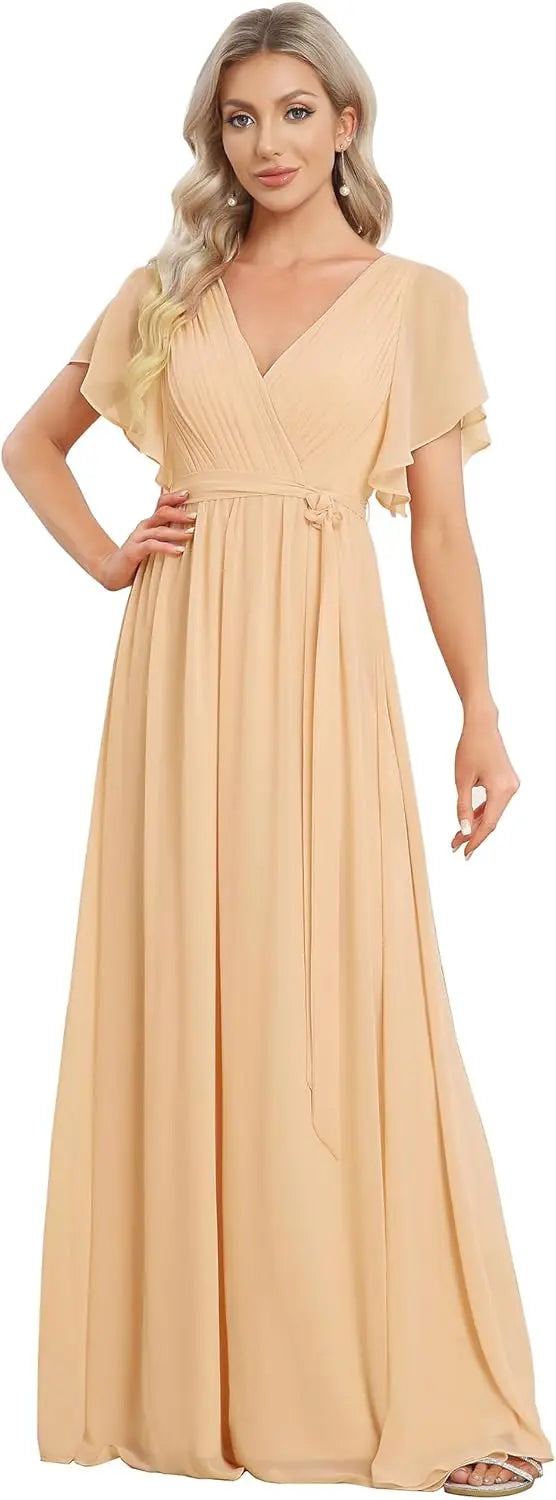 Vestido de dama de honor para mujer, escote en V, mangas con volantes, busto fruncido, largo hasta el suelo, de gasa, vestido formal para invitada de boda. 