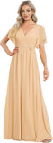 Vestido de dama de honor para mujer, escote en V, mangas con volantes, busto fruncido, largo hasta el suelo, de gasa, vestido formal para invitada de boda. 