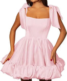 Women’s A-line Puffy Straps Sleeveless Formal Party Gown Teens Satin Short Homecoming Cocktails Dress