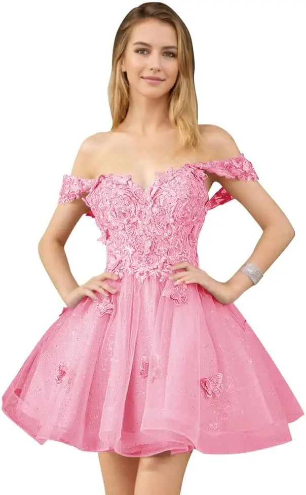 Glitter Tulle Appliques Homecoming Dresses for Teens Beaded Off Shoulder Short Prom Dresses Lace Cocktail Mini Dress Club Gowns